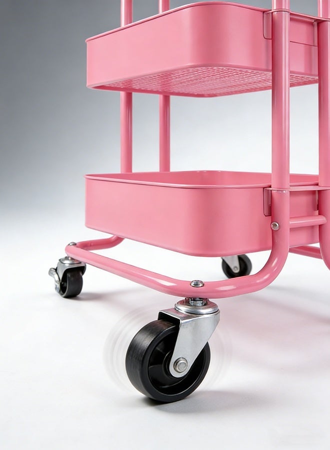 RollsTimi  3 Tier Rolling Cart with Lockable Wheels and Handle, Three Tiered Pink Trolley Cart on Wheels, Utility Storage Organizer for Bathroom, Kitchen, Teachers, Art, Crafts, Snack, Nail - Image 3